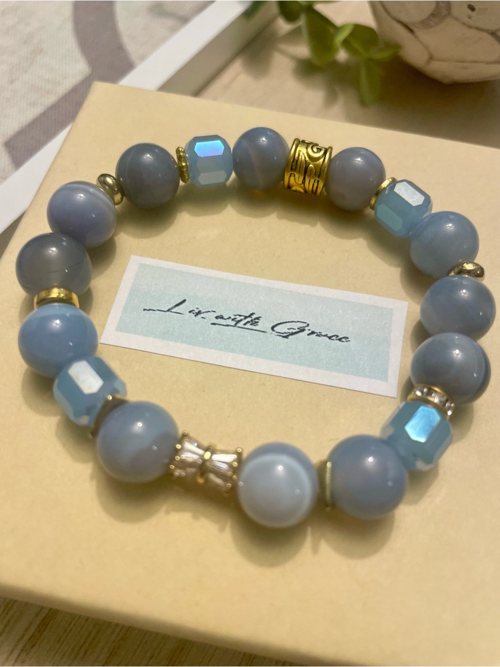 Blue Marbled Agate Gold and Cz accents 10mm, stretch, handmade